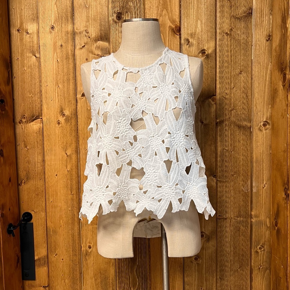 Caution To The Wind Medium White Floral Appliqué Crochet Cropped Tank Top - Picture 2 of 7